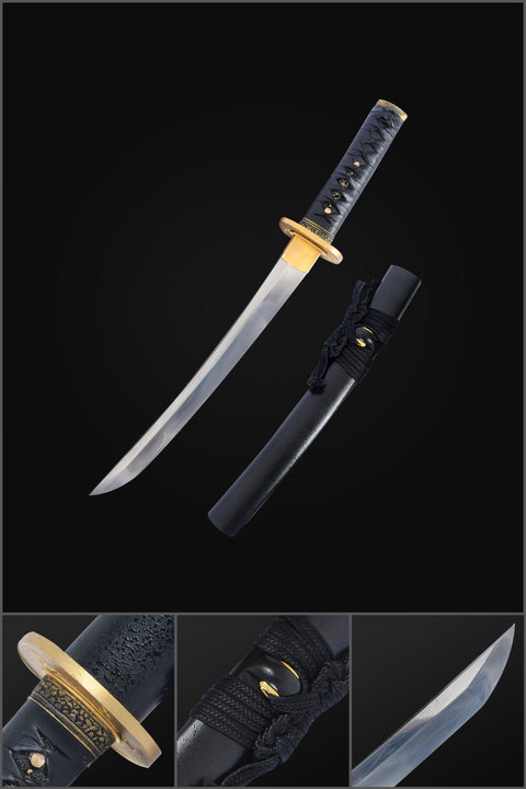 Hand Forged Japanese Tanto Short Sword Folded Steel Feather Pattern Brass Tsuba Full Tang-COOLKATANA-SL-1265-U
