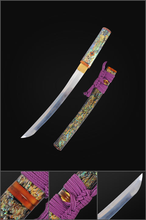Hand Forged Japanese Tanto Short Sword Feather Pattern Blade Shell Saya Full Tang-COOLKATANA-SL-1272-U