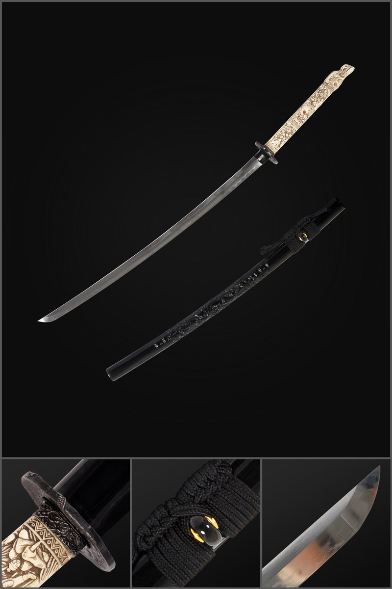 Hand Forged Japanese Samurai Katana Sword 1095 Steel+Folded Steel Clay Tempered Bone Tsuka Handle Dragon Saya - COOLKATANA 