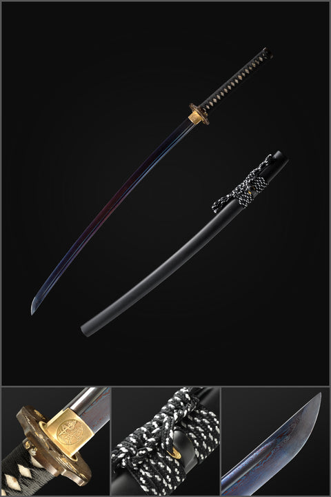 Hand Forged Japanese Samurai Katana Sword Folded Steel Blue Blade Copper Tsuba Full Tang-COOLKATANA