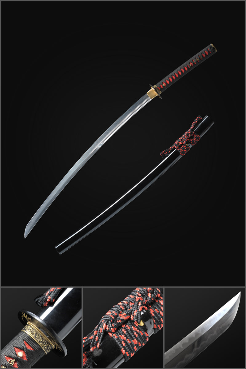 Hand Forged Japanese Samurai Katana Sword 1095 Steel Clay Tempered Double Hamon Kanmuri-Otoshi Zukuri - COOLKATANA 