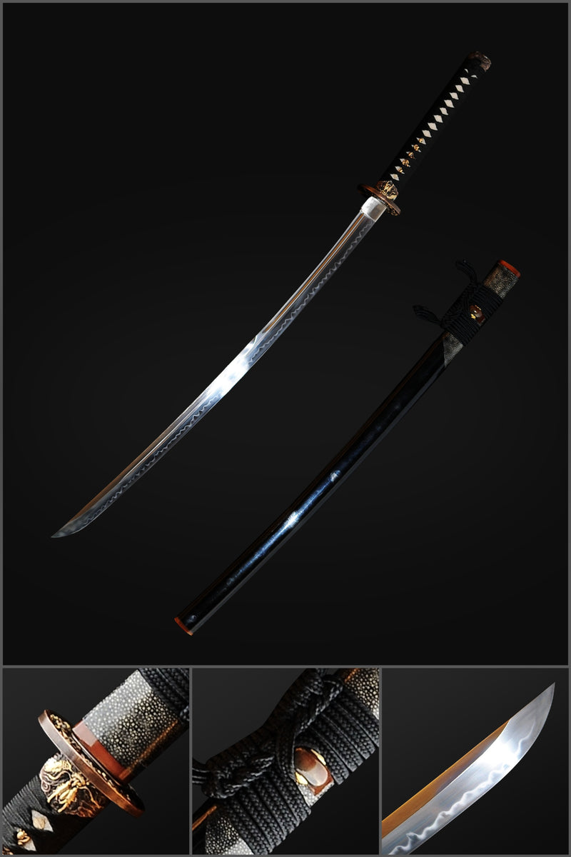Hand Forged Japanese Samurai Katana Sword 1095 High Carbon Steel Clay Tempered Full Tang Half-Rayskin Saya - COOLKATANA 