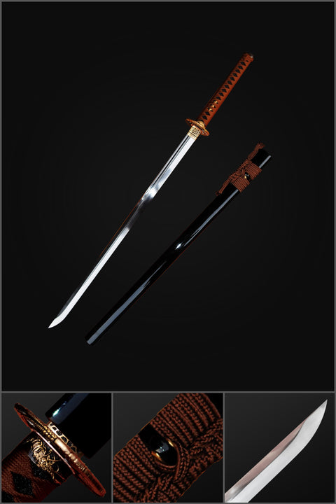 Hand Forged Japanese O-Kissaki Ninja Sword Chokuto 1095 High Carbon Steel Copper Tsuba Black Saya-COOLKATANA