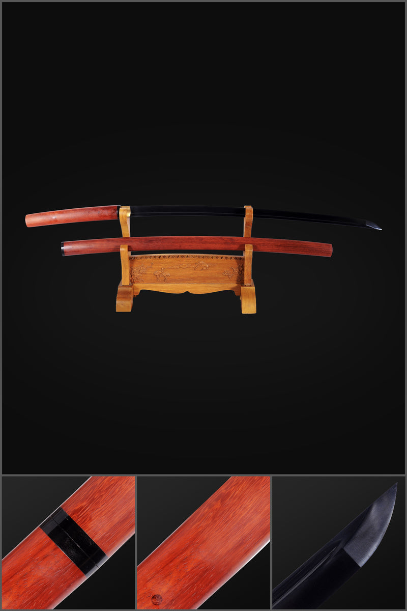 Hand Forged Japanese Shirasaya Katana Sword Folded Steel Black Blade Redwood Saya With Buffalo Horn - COOLKATANA 