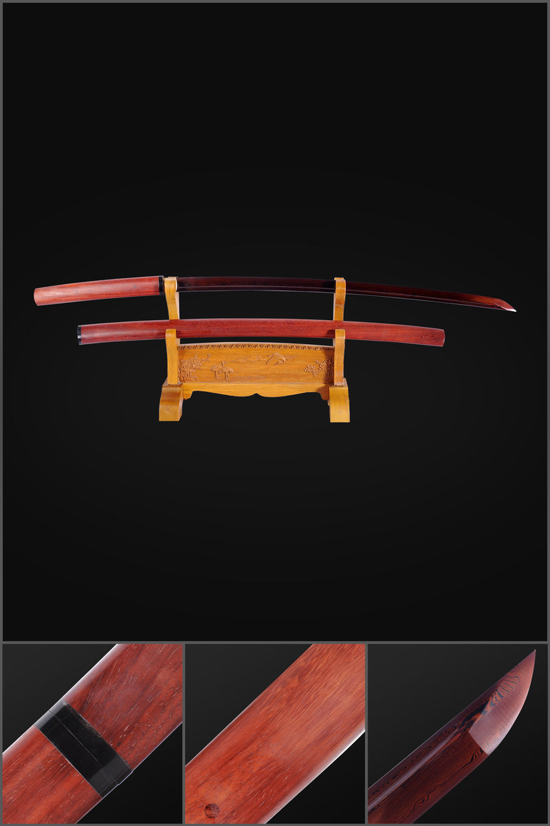 Hand Forged Japanese Shirasaya Katana Sword Folded Steel Redwood Saya Reddish Black Blade - COOLKATANA 