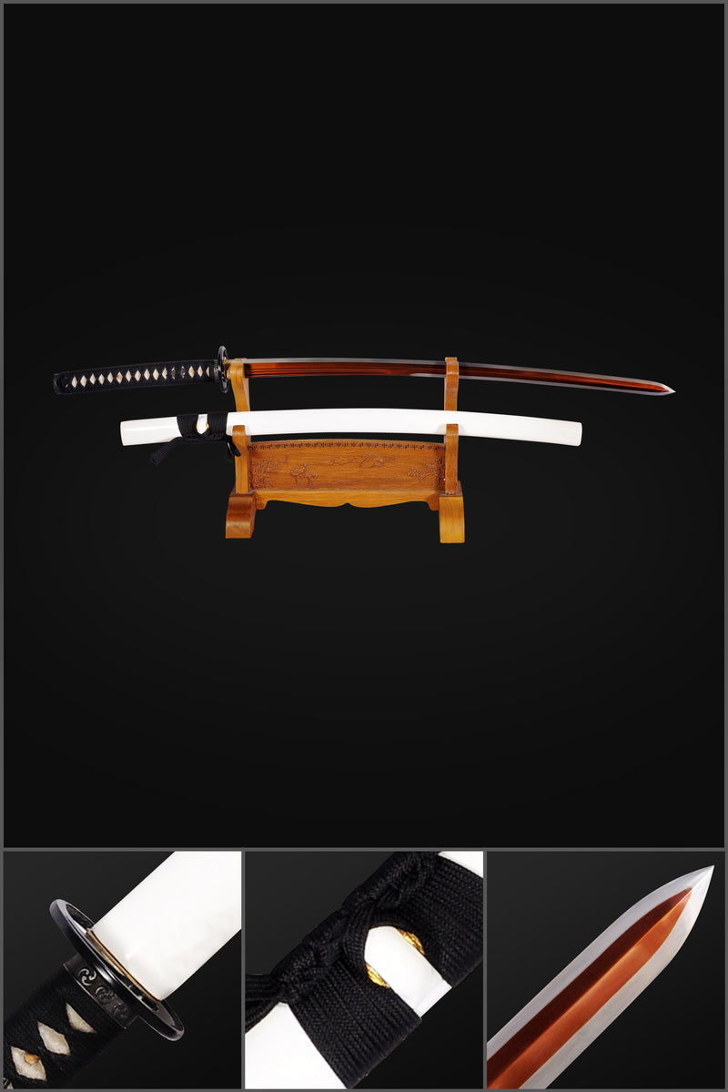Handmade Japanese Katana Sword 1095 Steel Kogarasu-Maru Double Edge Red Blade Battle Ready - COOLKATANA 