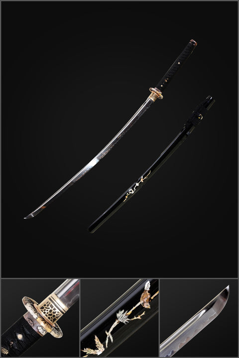Hand Forged Japanese Samurai Katana Sword 1095 Steel Clay Tempered Blade Copper Tsuba Shell Saya-COOLKATANA-SL-854-U