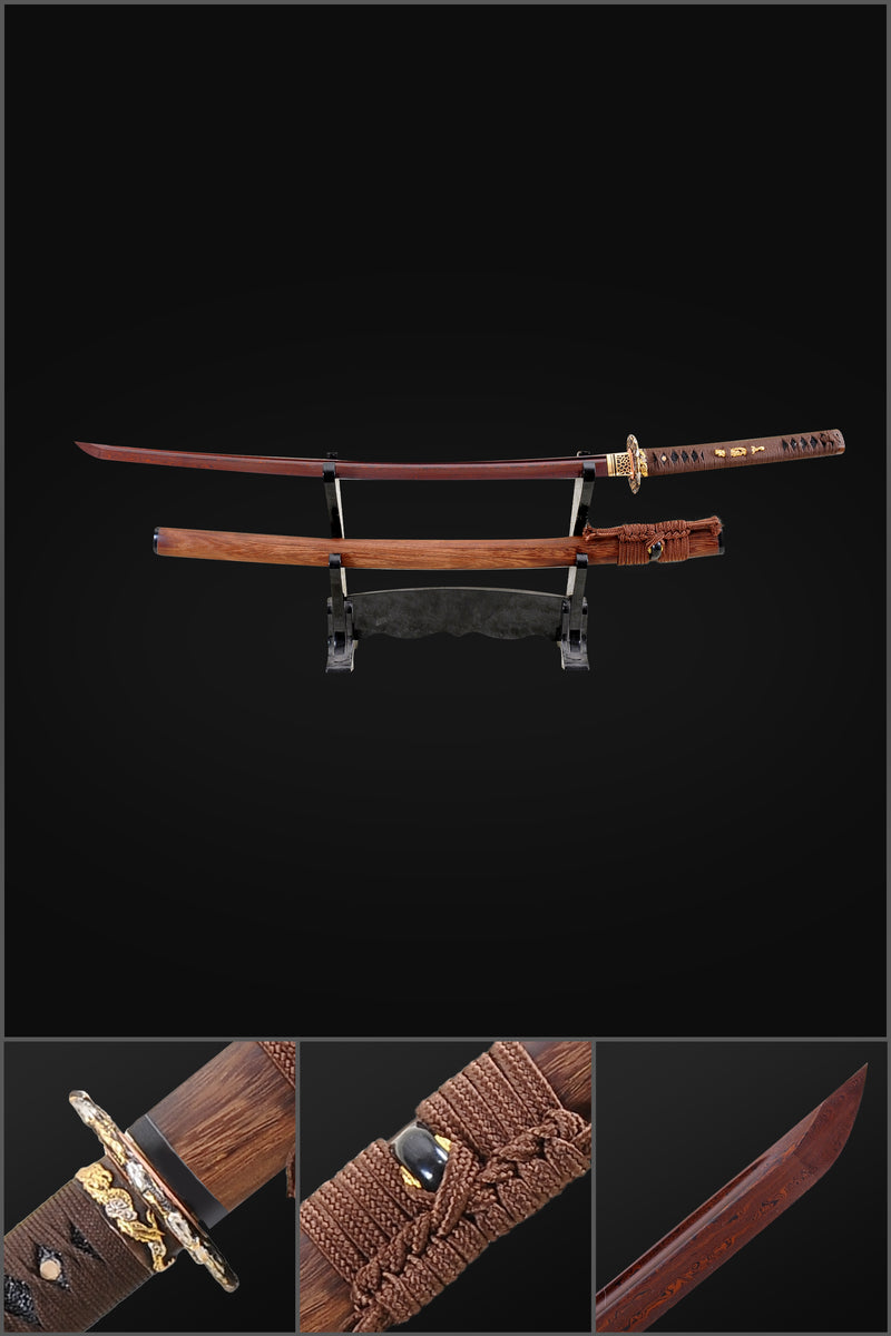 Hand Forged Japanese Samurai Katana Sword Folded Steel Reddish Black Blade Dragon Tsuba - COOLKATANA 
