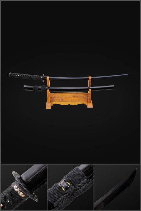 Hand Forged Japanese Samurai Katana Sword Honsanmai Clay Tempered Black Blade Iron Tsuba-COOLKATANA-SL-904-U